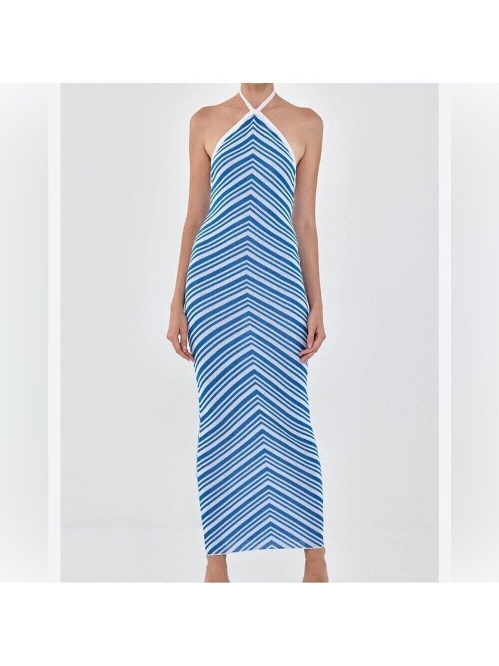 De Rococo knitwear nwt Blue Chevron Halter collar Maxi Dress size xs